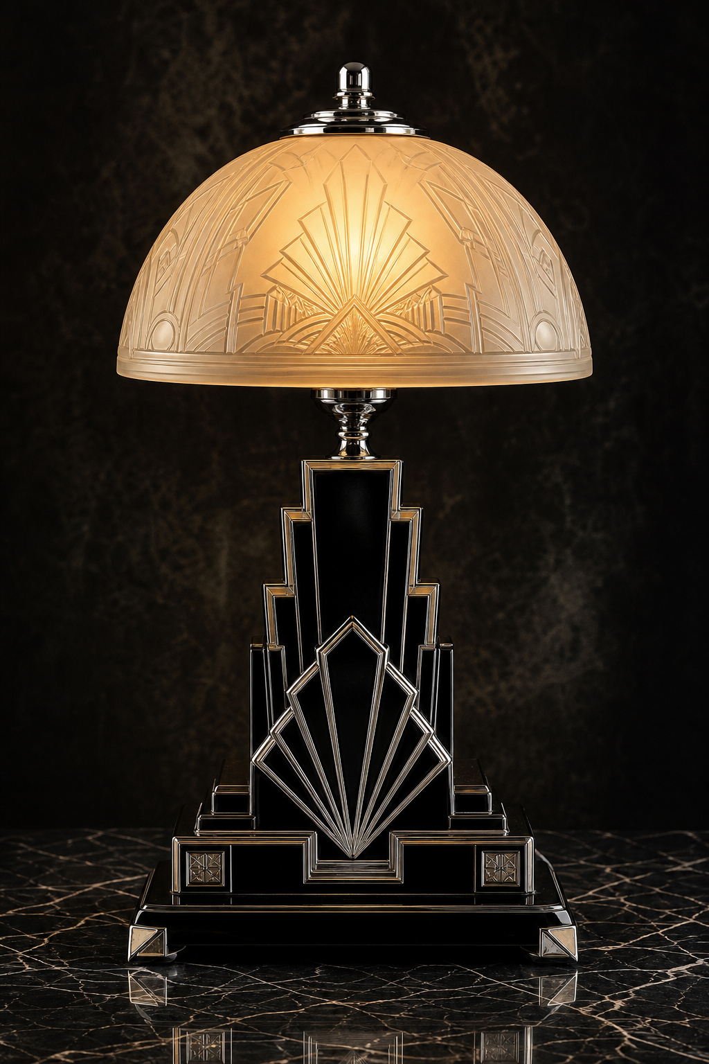 Lampe art déco noir et chrome avec abat jour verre gravé